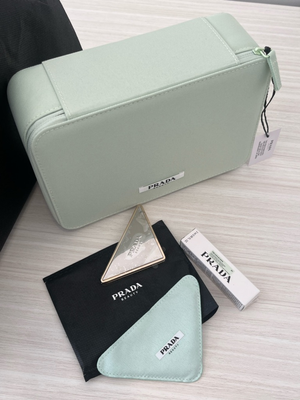 Prada 3-pc Green Vanity & Double Mirror & Mascara Luxury Beauty Gift Set New GWP